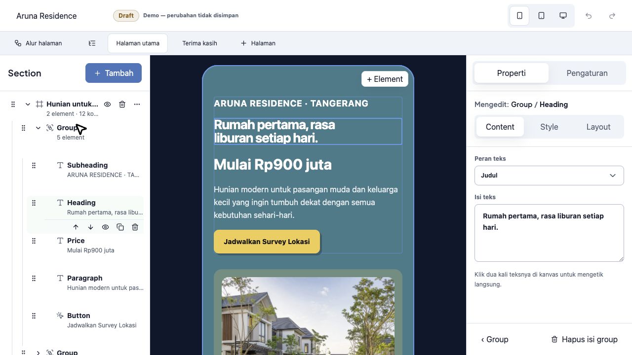 Editor Taroo untuk Aruna Residence dengan daftar section, preview halaman, dan panel properti.