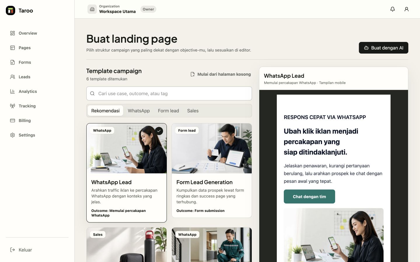 Template Library Taroo dengan pencarian, kategori campaign, kartu template, dan preview mobile template WhatsApp Lead.